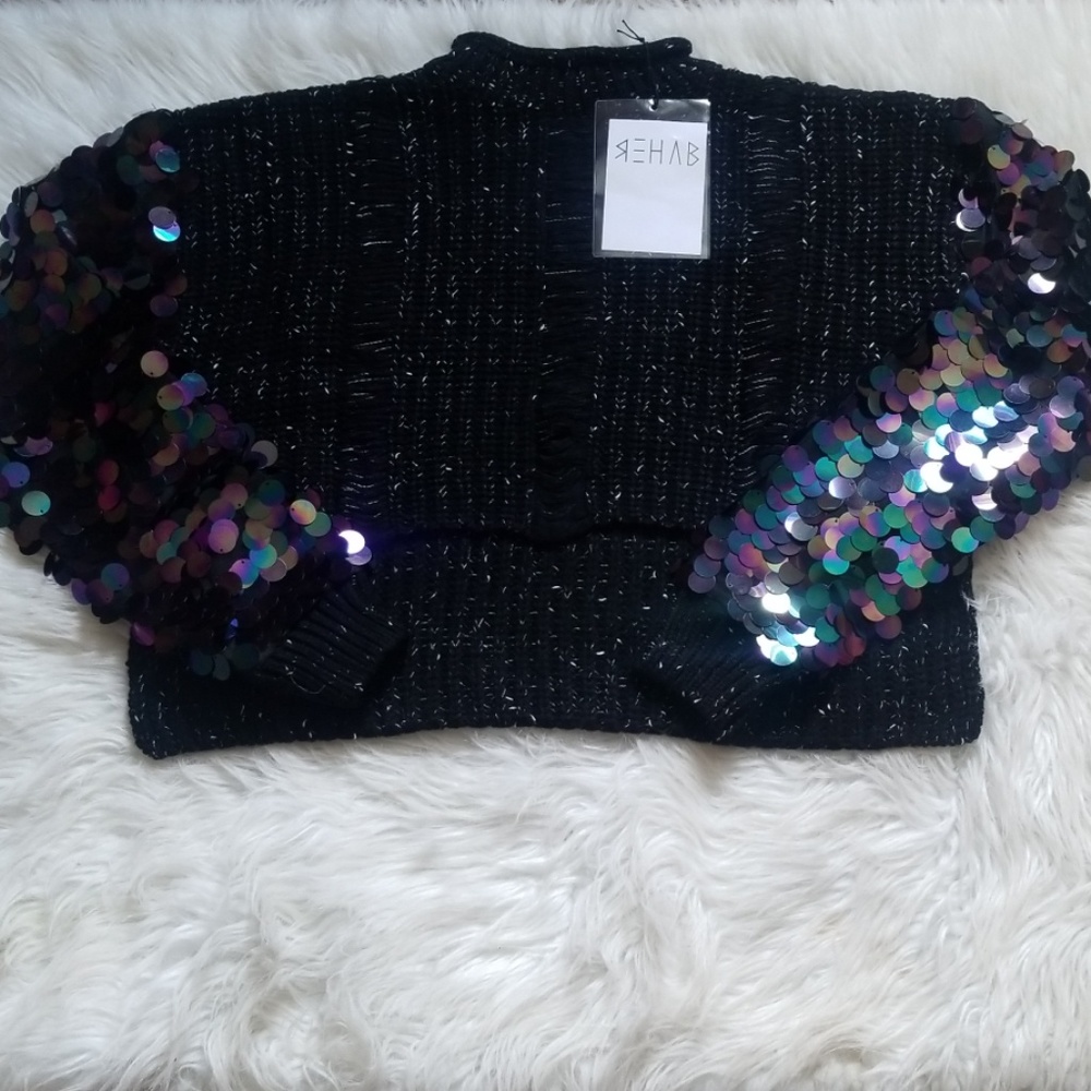 Rehab Black Cropped Sweater with Iridescent Sequin Sleeves